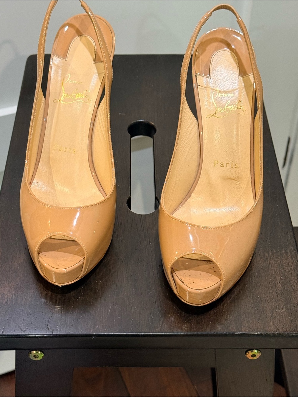 Christian Louboutin Nude Patent Peep-Toe Slingback Heels